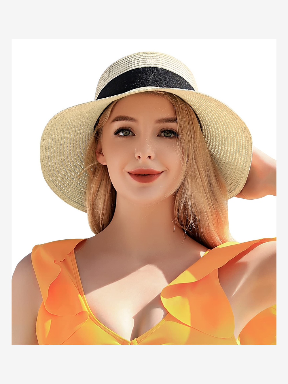Beach Sun Straw Hats for Women, UPF 50+ UV Sun Protection | White | Size OS